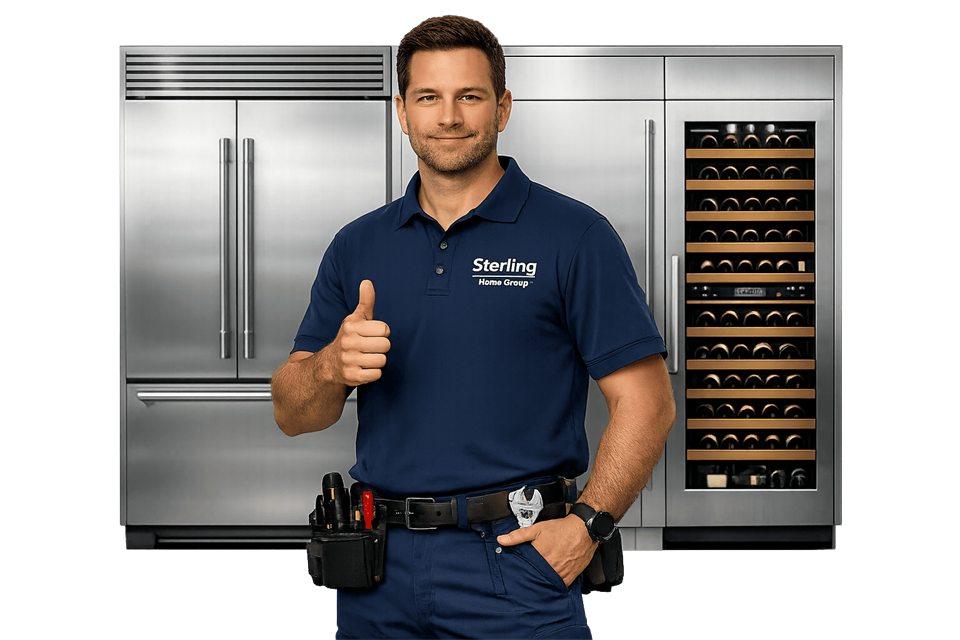 Tampa Sub-Zero Specialists certified technician servicing a Sub-Zero built-in refrigerator and wine column in a South Tampa kitchen